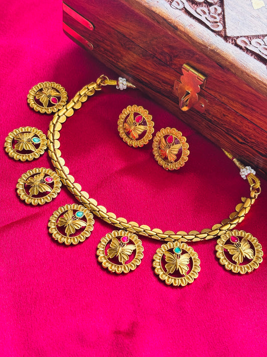 Butterfly Medallion Antique Gold Necklace