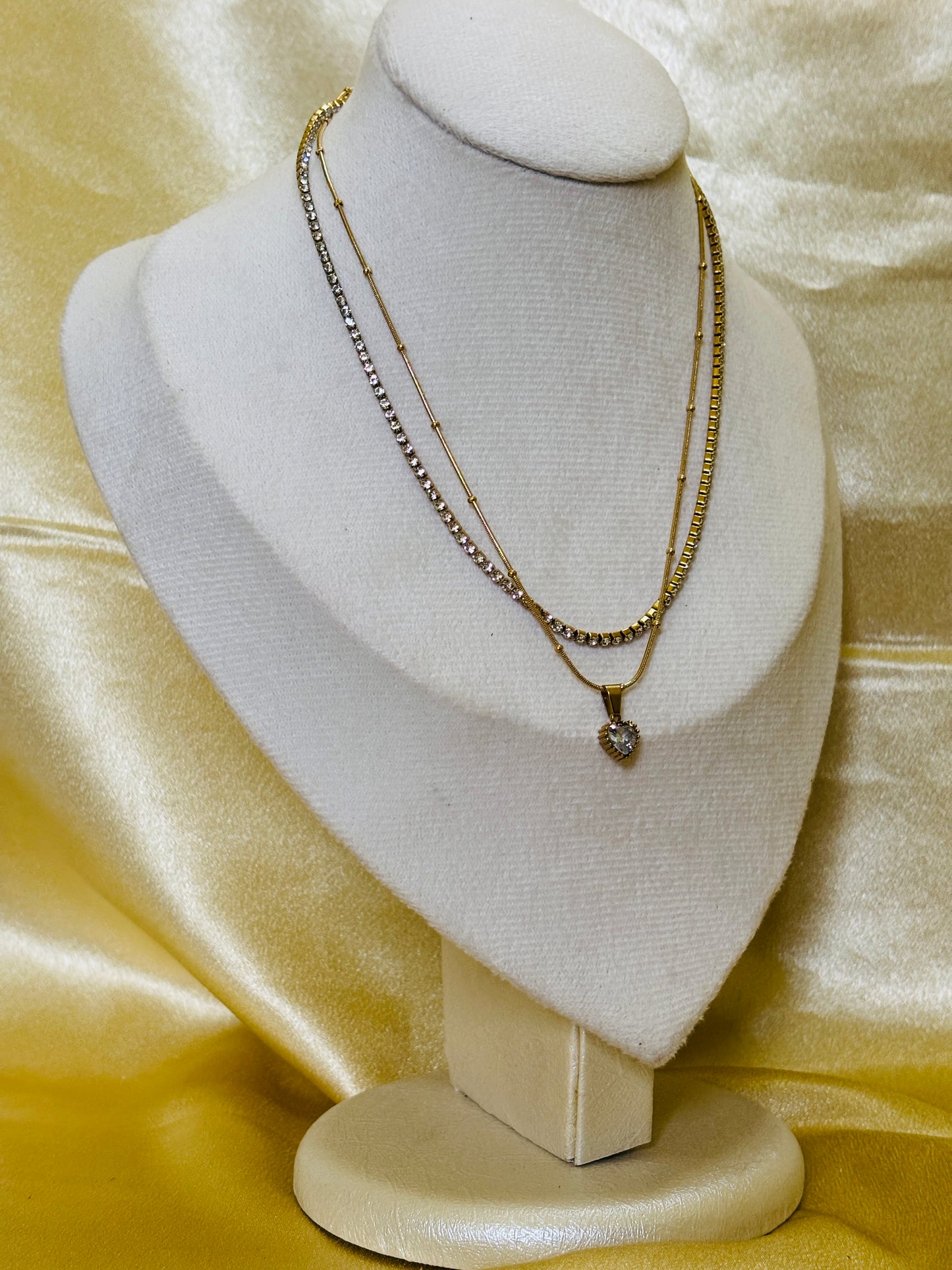 Tennis & Heart Double Layer Gold Necklace