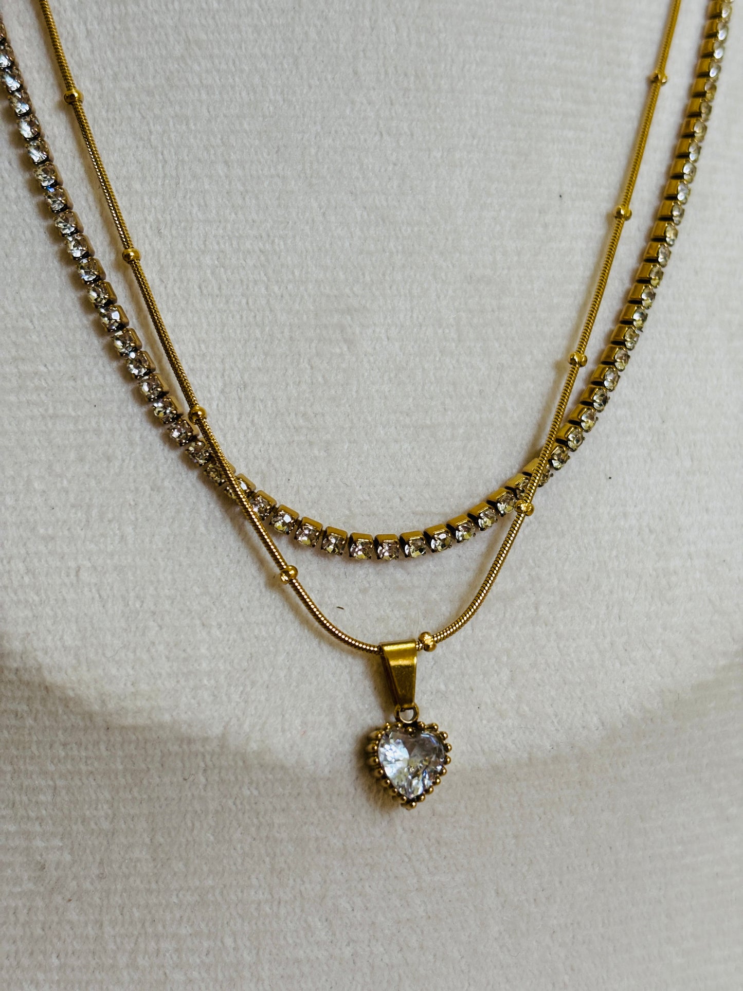Tennis & Heart Double Layer Gold Necklace