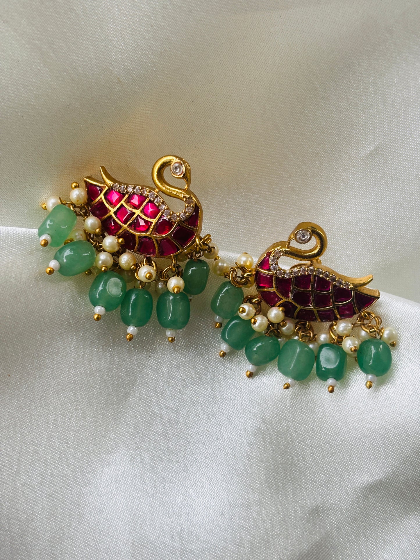 Hamsa Swan Kundan Earrings with Jade & Pearl Drops