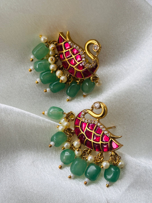 Hamsa Swan Kundan Earrings with Jade & Pearl Drops