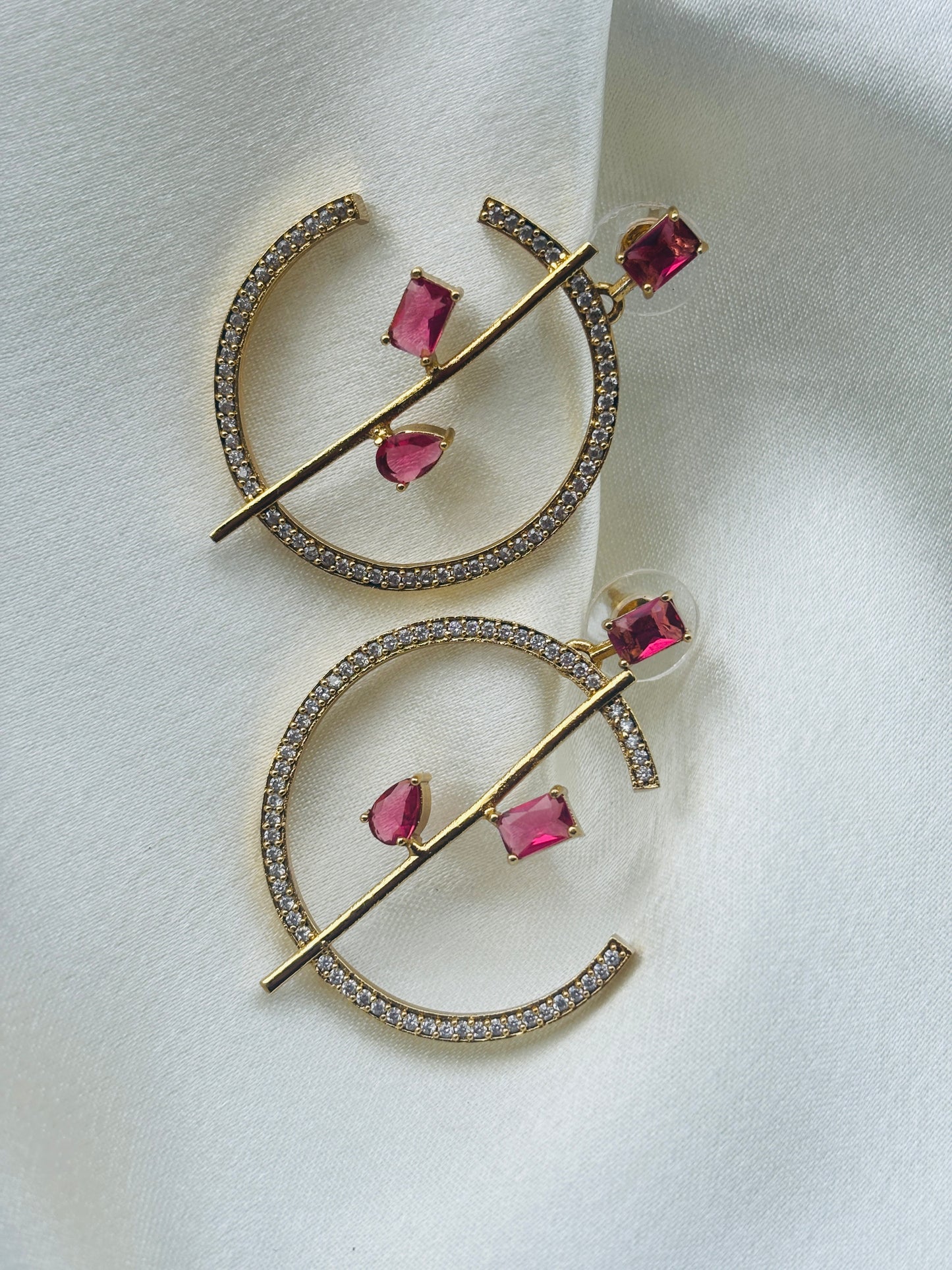 Geometric Ruby CZ Hoop Earrings