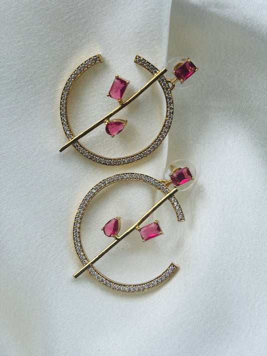 Geometric Ruby CZ Hoop Earrings