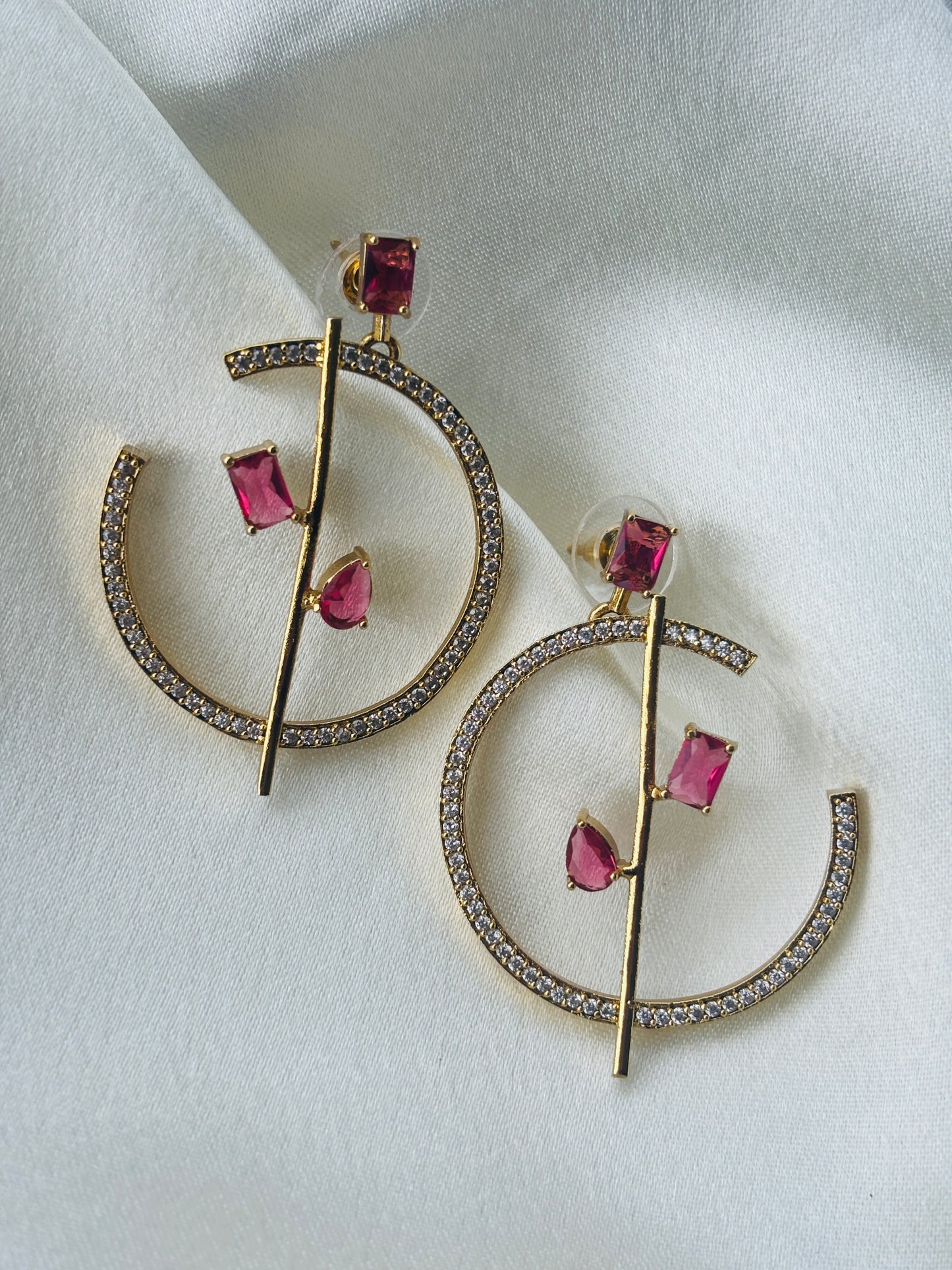 Geometric Ruby CZ Hoop Earrings