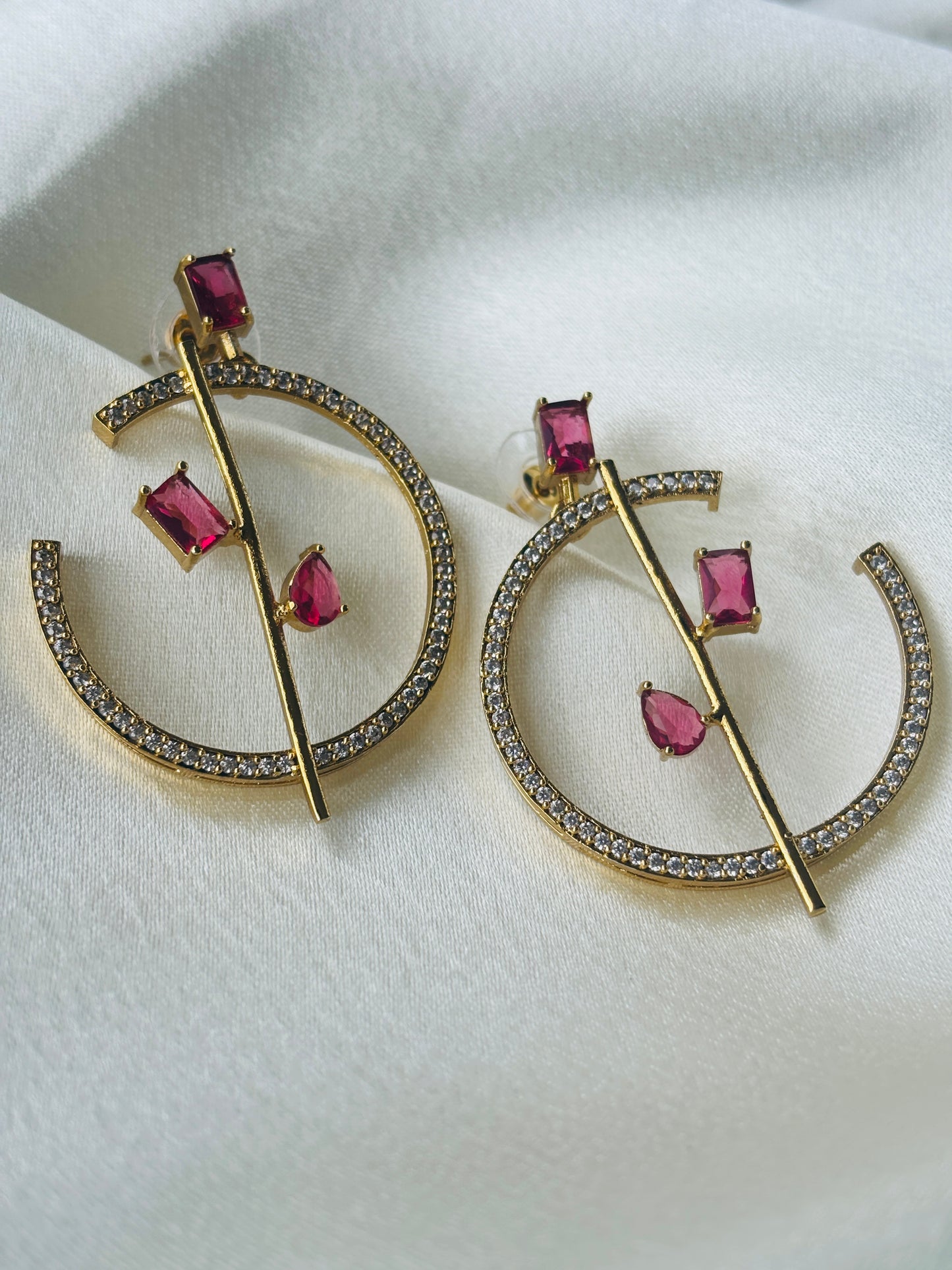 Geometric Ruby CZ Hoop Earrings