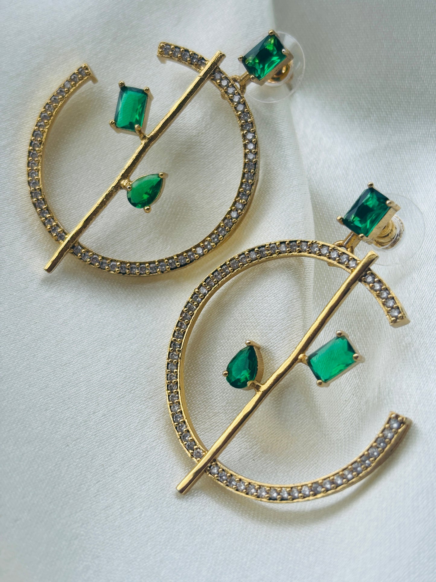 Geometric Emerald CZ Hoop Earrings