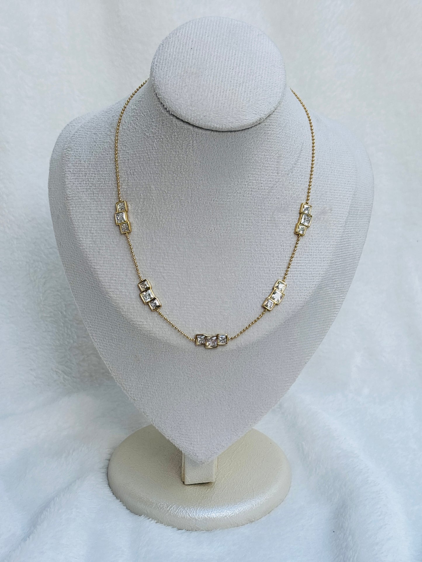 Princess Cut Crystal Stations Ball Chain Necklace