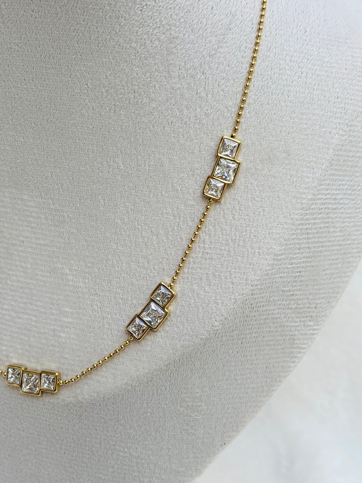 Princess Cut Crystal Stations Ball Chain Necklace