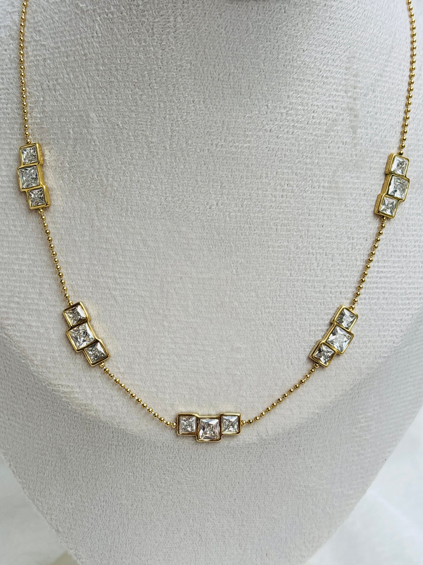 Princess Cut Crystal Stations Ball Chain Necklace
