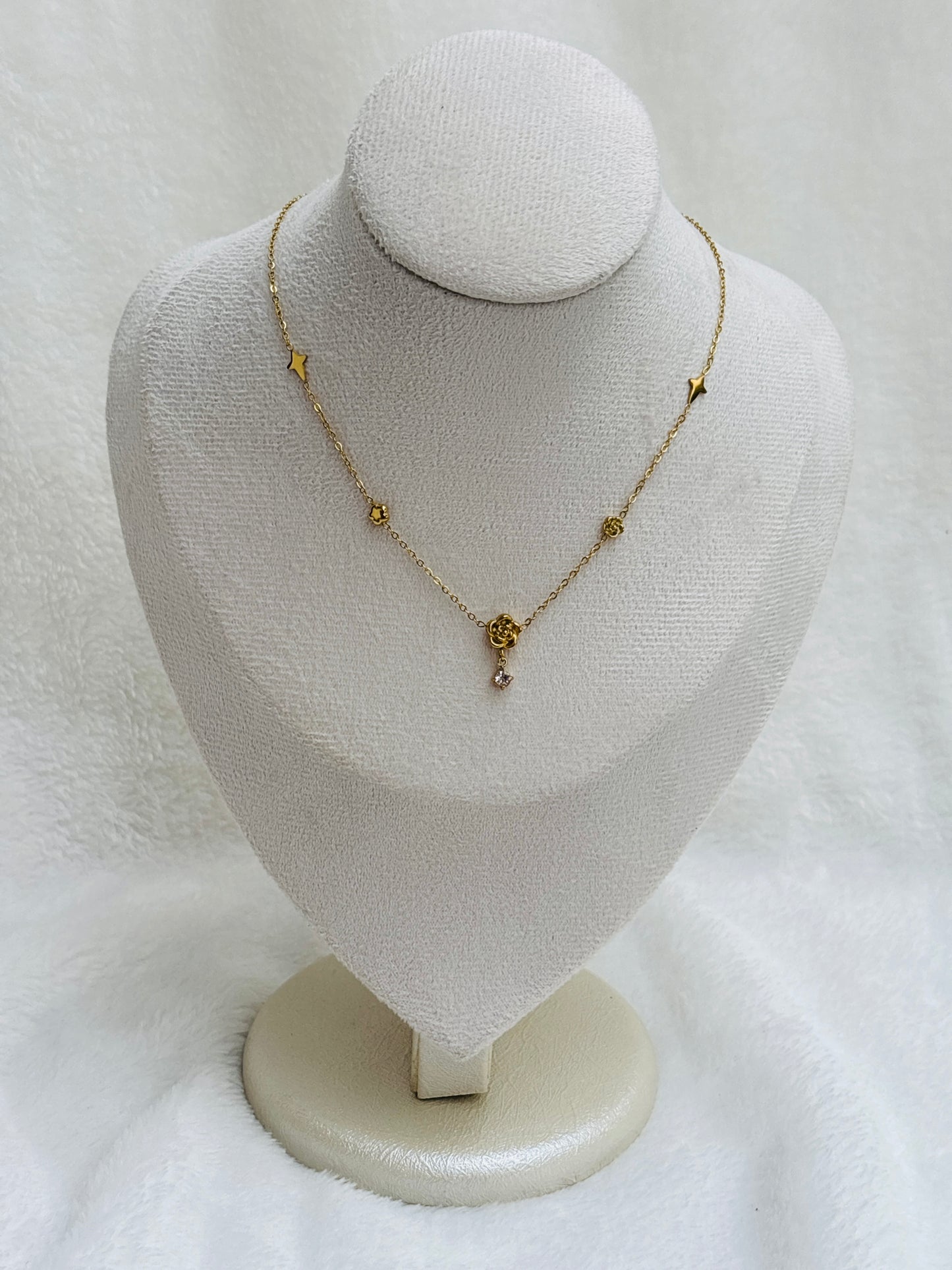 Rose Bud & Star Station Crystal Drop Necklace