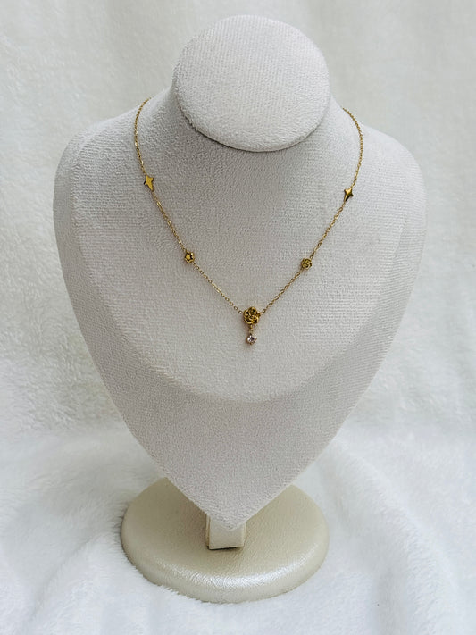 Rose Bud & Star Station Crystal Drop Necklace