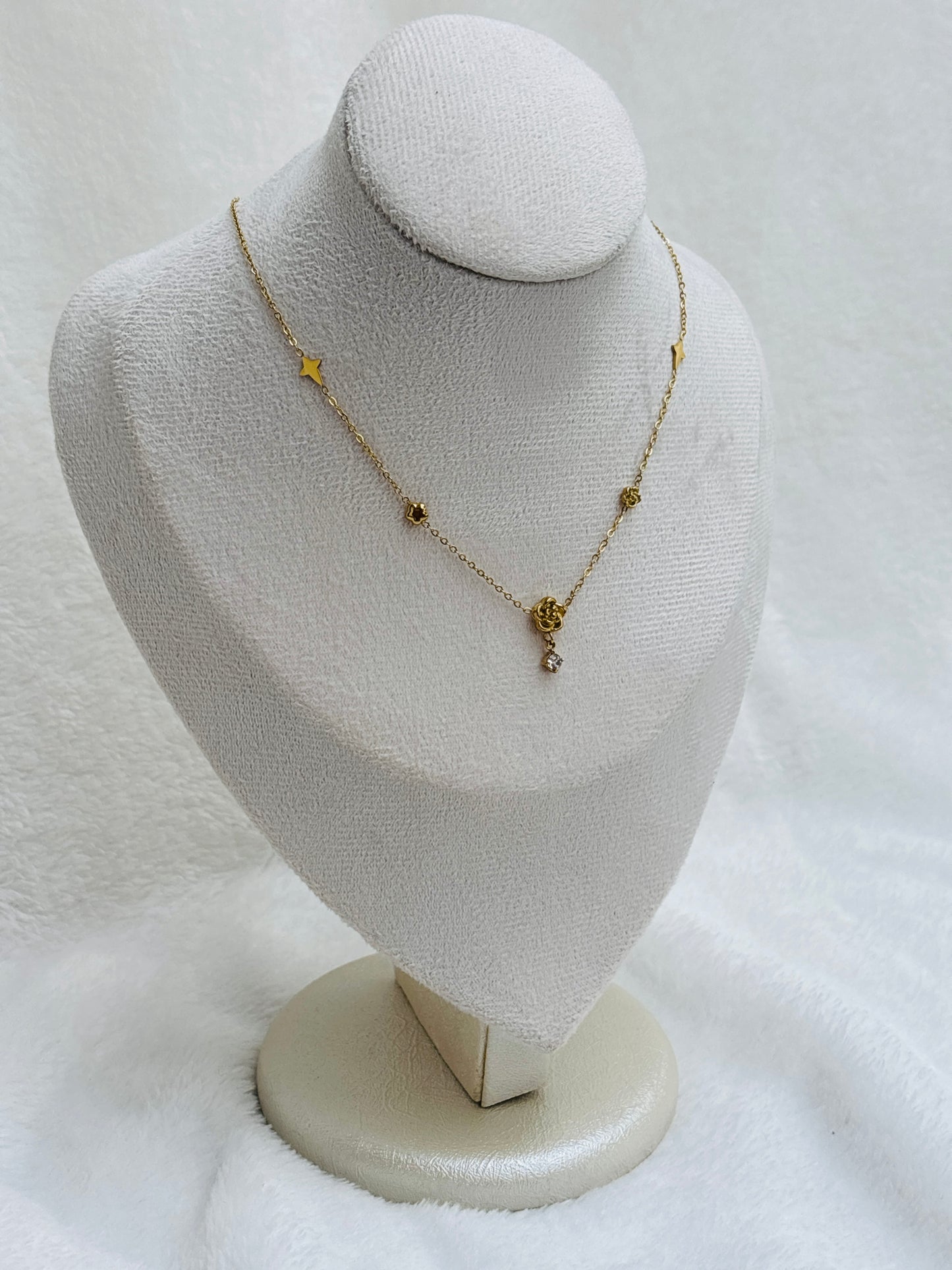 Rose Bud & Star Station Crystal Drop Necklace