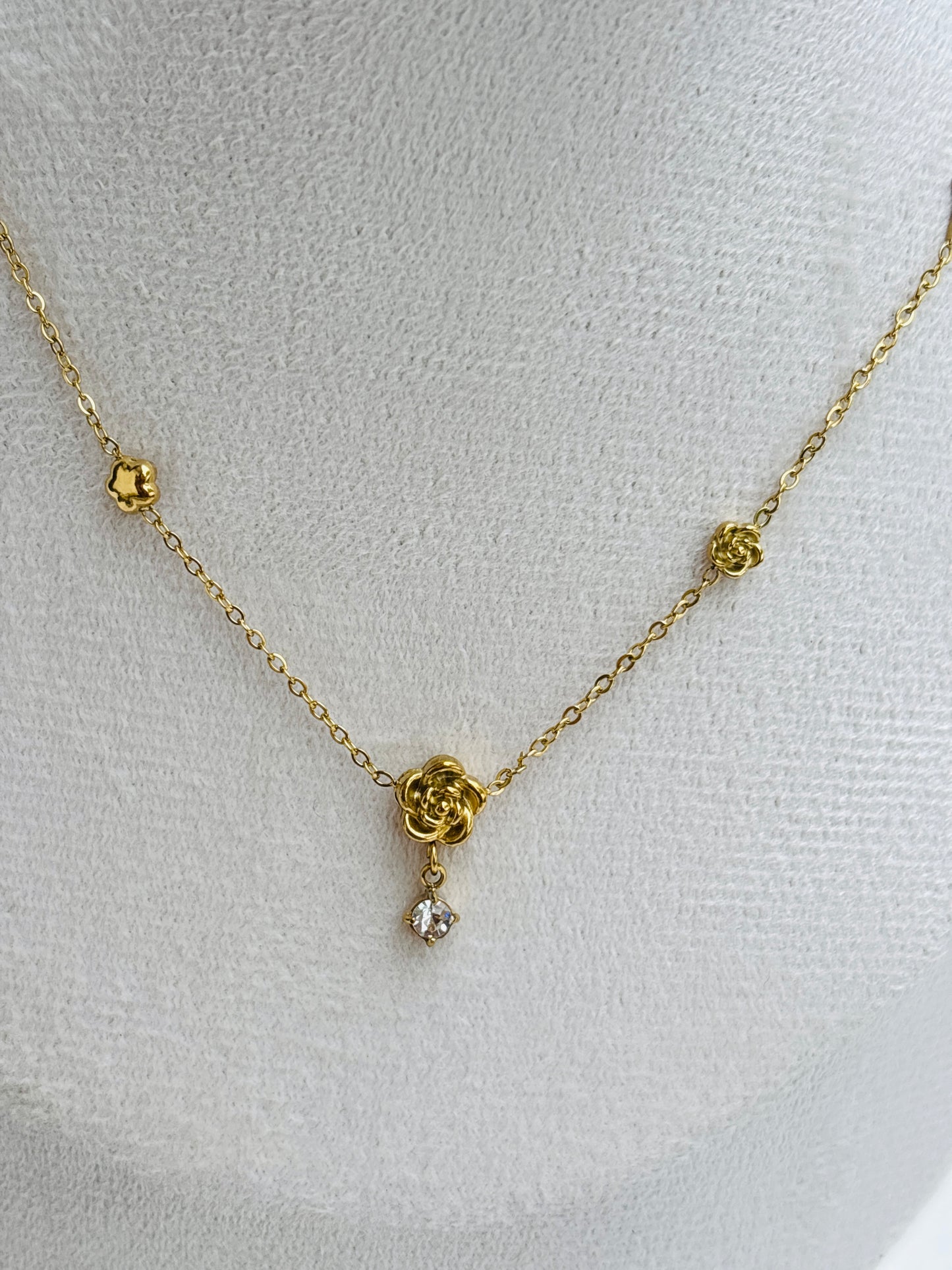 Rose Bud & Star Station Crystal Drop Necklace