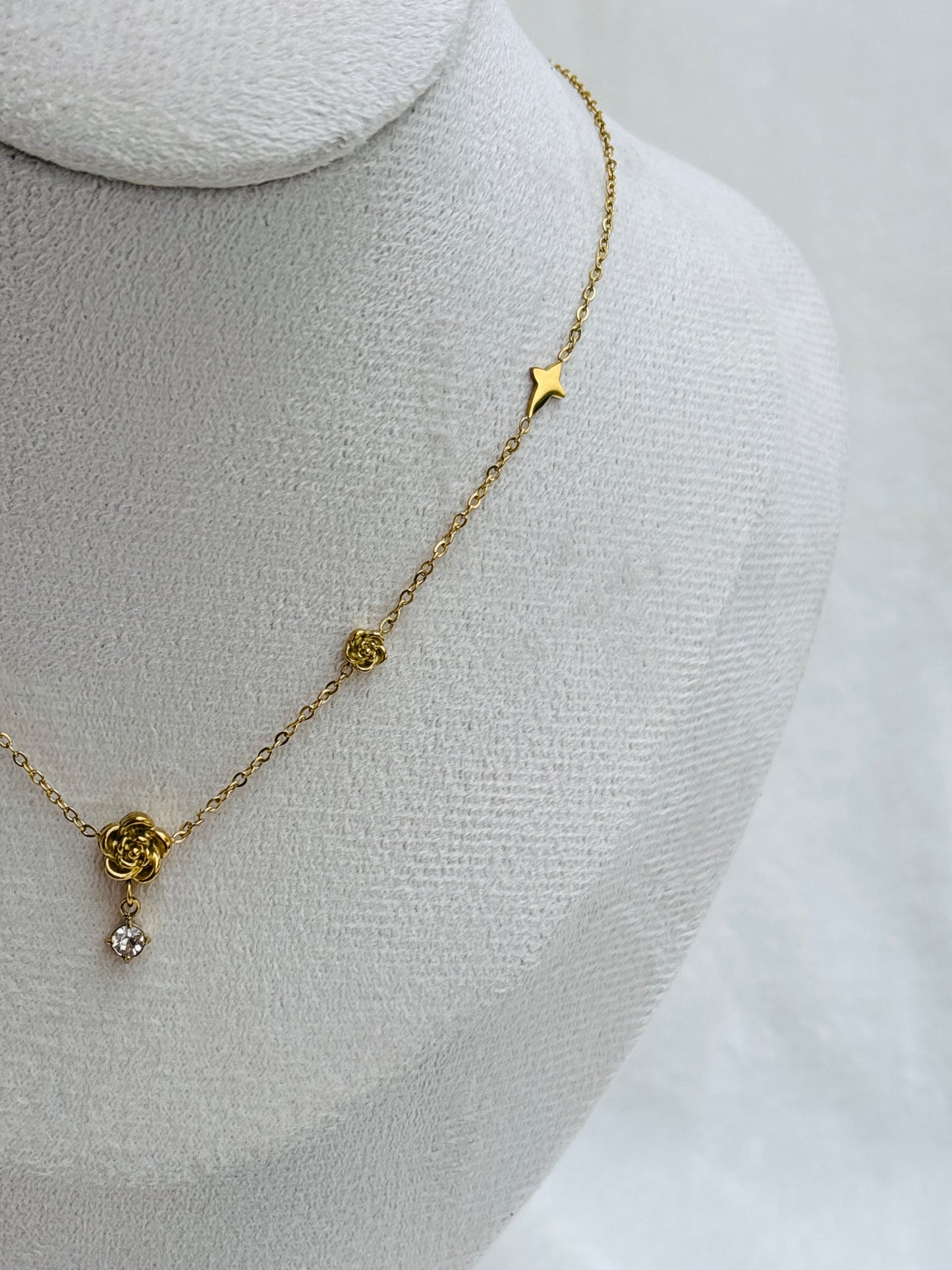 Rose Bud & Star Station Crystal Drop Necklace