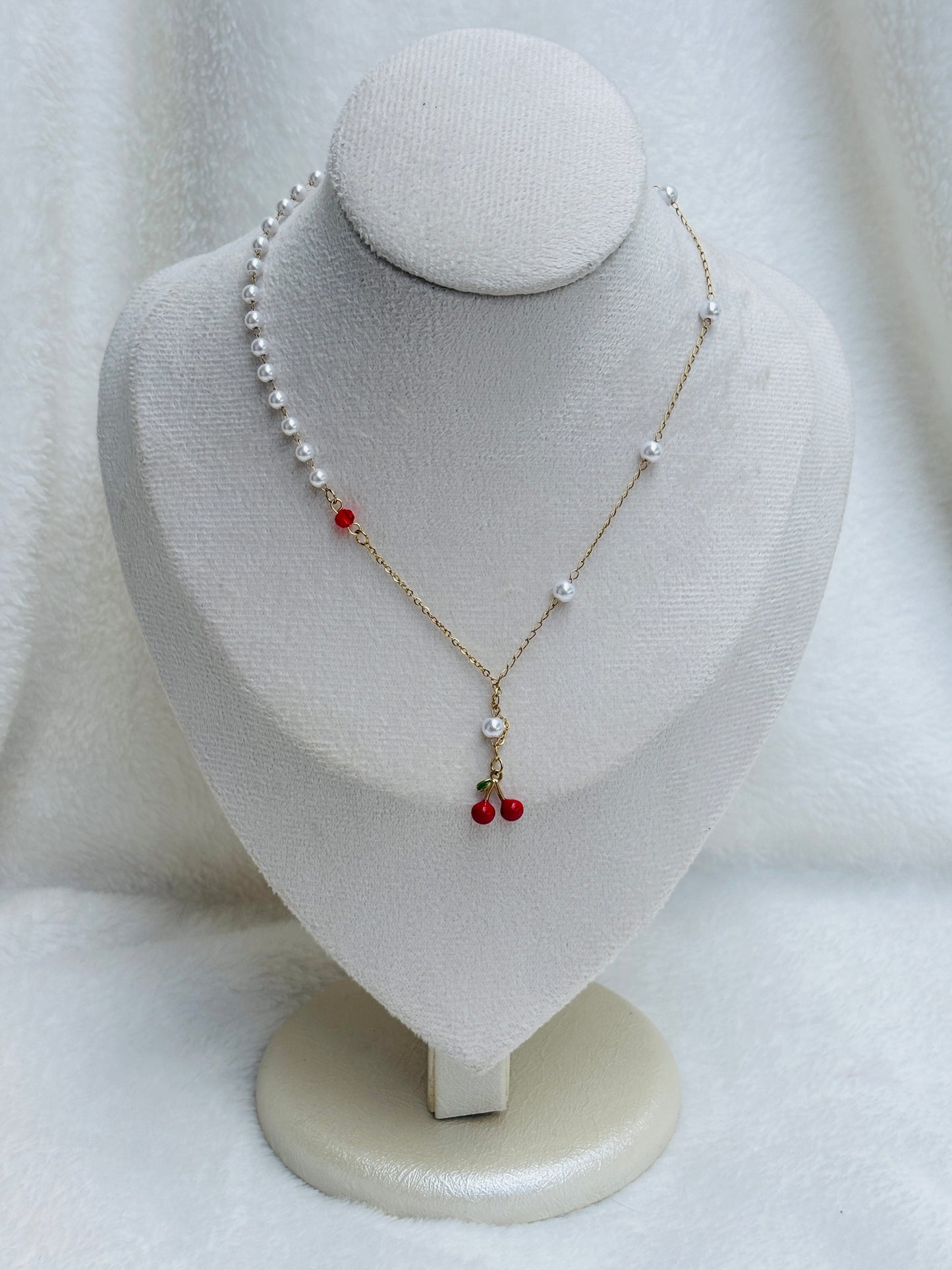 Asymmetric Pearl & Red Cherry Pendant Necklace