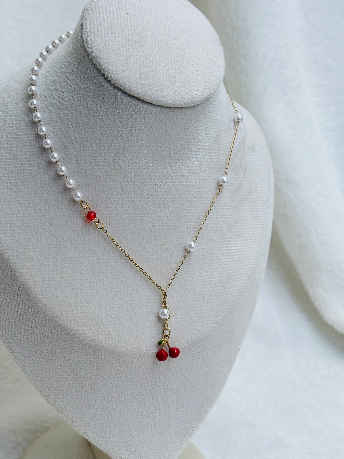Asymmetric Pearl & Red Cherry Pendant Necklace