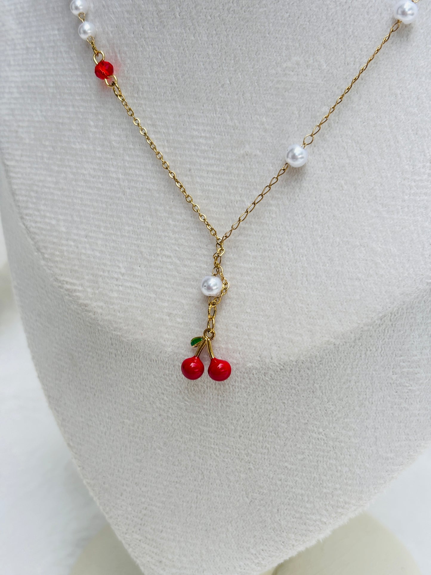 Asymmetric Pearl & Red Cherry Pendant Necklace
