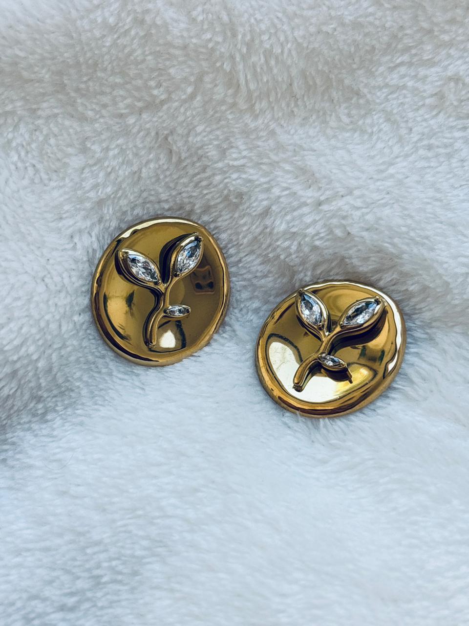 Hammered Disc Marquise Leaf Crystal Stud Earrings