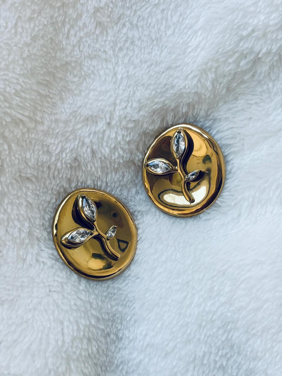 Hammered Disc Marquise Leaf Crystal Stud Earrings